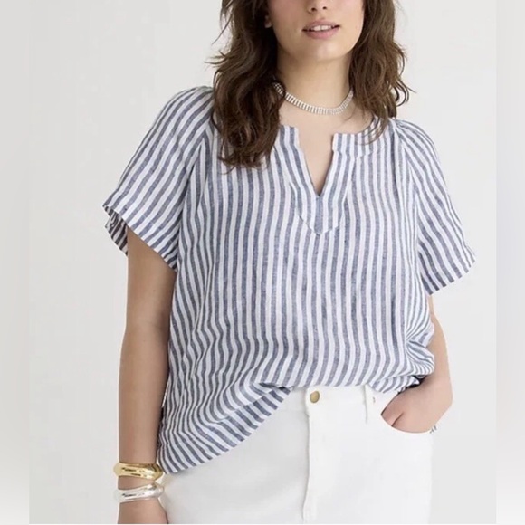 J. Crew Flutter-Sleeve Linen V-Neck Top Medium Blue White Stripe - Picture 2 of 14